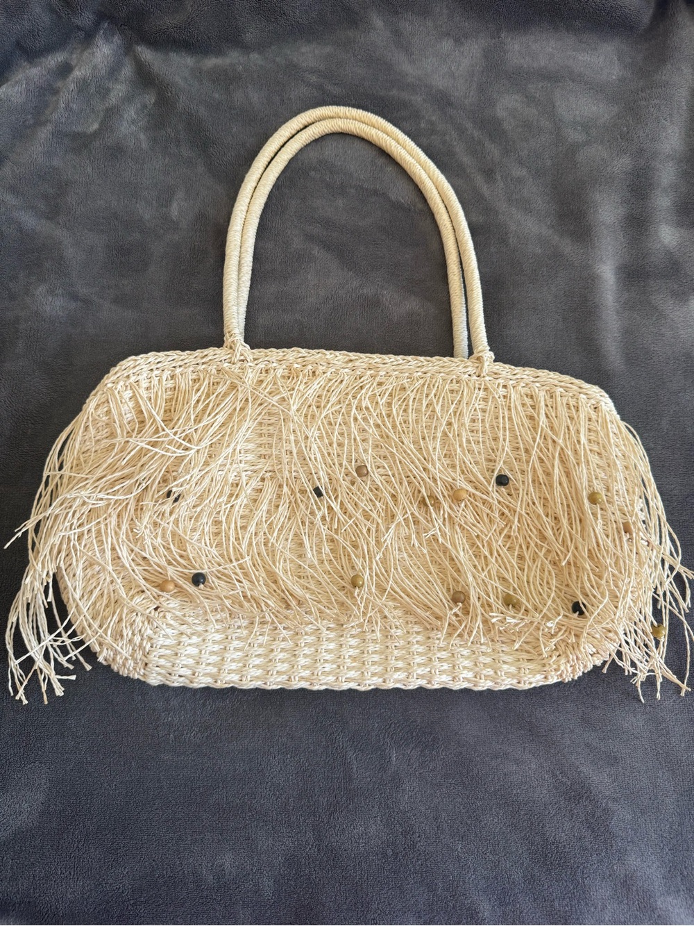 Natural Straw Fringe Tote Bag - Beige
